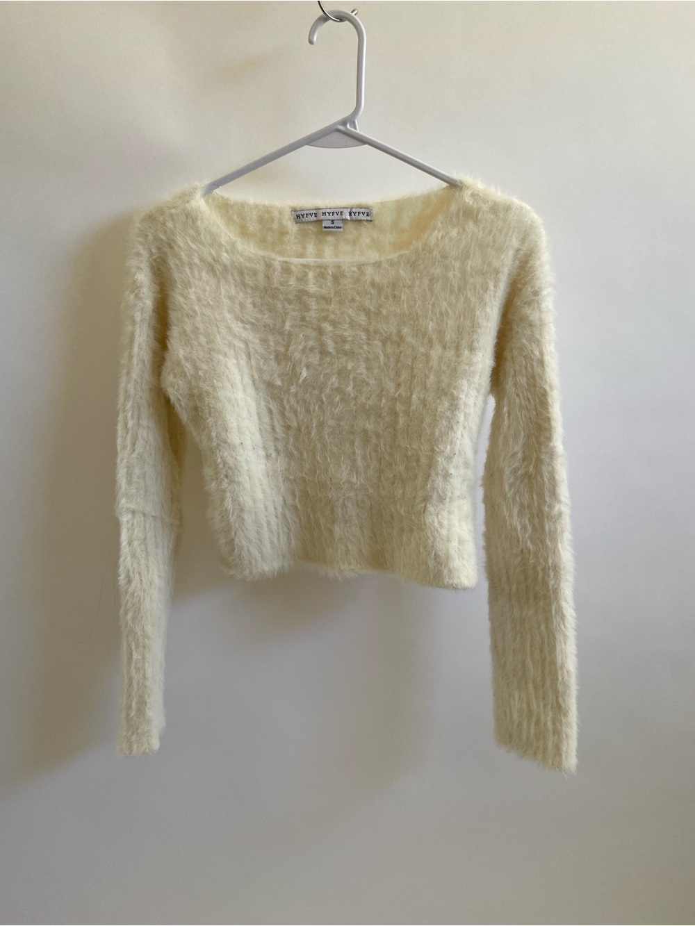 HYFVE Cream Fuzzy Cropped Crew Neck Sweater